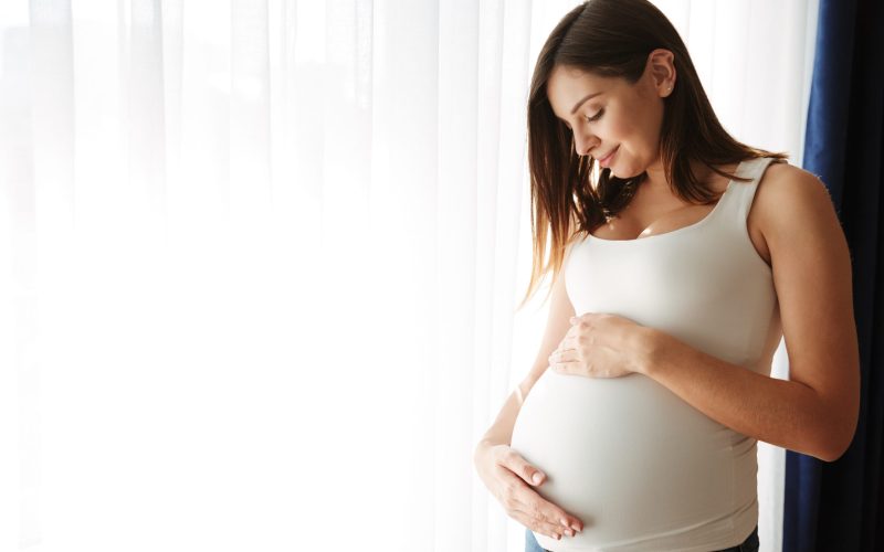 Portrait of a happy pregnant woman touching her belly while standing indoors